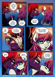 Size: 2480x3508 | Tagged: safe, artist:dsana, derpibooru import, fizzlepop berrytwist, tempest shadow, oc, oc:thistledown, earth pony, pony, unicorn, comic:a storm's lullaby, bandage, canon x oc, comic, dialogue, eyepatch, female, kissing, lesbian, speech bubble