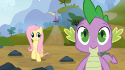 Size: 1280x720 | Tagged: safe, derpibooru import, screencap, fluttershy, spike, dragon, pegasus, pony, season 3, spike at your service, animated, duo, faint, female, gif, male, mare, reaction image, shrunken pupils