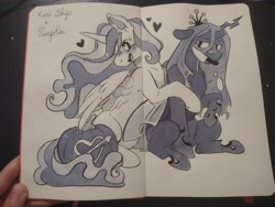 Size: 4000x3000 | Tagged: safe, artist:cutepencilcase, derpibooru import, princess celestia, queen chrysalis, alicorn, changeling, changeling queen, pony, chryslestia, female, heart, heart eyes, lesbian, pumpkin, shipping, traditional art, wingding eyes