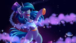 Size: 1920x1080 | Tagged: safe, artist:emithegoat, derpibooru import, oc, oc only, pony, unicorn, colored hooves, hat, horn, magic, male, planet, solo, space, stars, top hat, unicorn oc