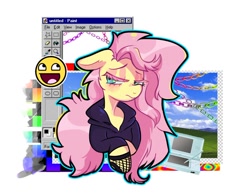 Size: 680x528 | Tagged: safe, artist:kreeeeeez, derpibooru import, fluttershy, '90s, alternate hairstyle, awesome face, bust, clothes, colored eyelashes, design, female, hoodie, messy mane, meta, portrait, shirt design, solo, solo female, twitter, windows, windows 95