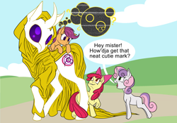 Size: 2500x1750 | Tagged: safe, artist:sixes&sevens, derpibooru import, apple bloom, scootaloo, sweetie belle, earth pony, pegasus, pony, unicorn, blank flank, body horror, cutie mark crusaders, eldritch abomination, hastur, ponified, the king in yellow, the yellow sign