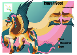 Size: 1920x1358 | Tagged: safe, artist:oneiria-fylakas, derpibooru import, oc, oc:isayah seed, pegasus, pony, colored wings, feathered fetlocks, female, mare, multicolored wings, reference sheet, solo, tail, tail feathers, wings