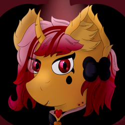 Size: 3000x3000 | Tagged: safe, artist:spiroudada, derpibooru import, oc, oc:dolly hooves, blood, bow, bust, cape, clothes, collar, crossdressing, male, portrait, red eyes, solo, spooky, stallion