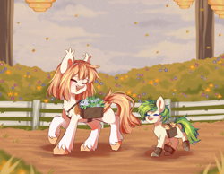 Size: 4148x3222 | Tagged: safe, artist:cheekipone, derpibooru import, oc, oc only, oc:honey milk, oc:karakusa, bat pony, bee, earth pony, insect, boots, farm, farming, female, fence, filly, flower, foal, happy, shoes, smiling