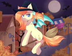 Size: 1568x1222 | Tagged: safe, artist:freyamilk, derpibooru import, oc, oc only, oc:sunshine drift, bat, bat pony, pony, bat pony oc, bat wings, broom, fangs, female, halloween, hat, holiday, leaves, mare, moon, nightmare night, pumpkin, scenery, solo, spider web, wings, witch hat