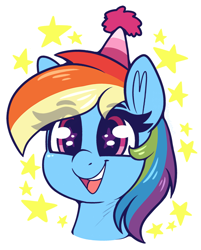 Size: 900x1122 | Tagged: safe, artist:graphene, derpibooru import, rainbow dash, pegasus, pony, bust, cute, dashabetes, eye clipping through hair, eyebrows, eyebrows visible through hair, female, happy, hat, mare, open mouth, open smile, party hat, smiling, solo, starry eyes, stars, wingding eyes