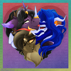 Size: 3462x3462 | Tagged: safe, artist:alzmariowolfe, derpibooru import, oc, oc:alz riel-delano, oc:delta riel-delano, oc:gib riel-delano, alicorn, bat pony, bat pony alicorn, changeling, griffon, pony, g4, :p, bat wings, heart, horn, jewelry, lgbt, polyamory, ring, shipping, smiling, tongue, tongue out, unshorn fetlocks, wings