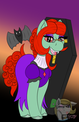 Size: 780x1200 | Tagged: safe, artist:gray star, derpibooru exclusive, derpibooru import, oc, oc only, oc:wella heartsong, bat, earth pony, pony, undead, vampire, chocolate, clothes, cuddling, fangs, female, food, glasses, trans female, transgender, transgender oc