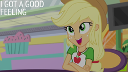 Size: 1920x1080 | Tagged: safe, derpibooru import, edit, edited screencap, editor:quoterific, screencap, applejack, better together, equestria girls, rollercoaster of friendship, applejack's hat, clothes, cowboy hat, female, geode of super strength, hat, magical geodes, open mouth, solo