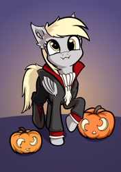 Size: 2480x3508 | Tagged: safe, artist:wasnttheredonenothing, derpibooru import, derpy hooves, bat pony, pony, undead, vampire, :3, bat ponified, clothes, halloween, holiday, jack-o-lantern, pumpkin, smiling, solo