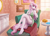 Size: 1600x1144 | Tagged: safe, artist:margony, derpibooru import, fleur-de-lis, anthro, plantigrade anthro, unicorn, anatomically incorrect, barefoot, beautisexy, clothes, crossed legs, dress, feet, female, food, horn, indoors, leaning, leaning back, looking over shoulder, mare, mirror, nail polish, reclining, sitting, smiling, solo, table, toenail polish, window