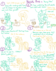 Size: 4779x6013 | Tagged: safe, artist:adorkabletwilightandfriends, derpibooru import, bon bon, lyra heartstrings, sweetie drops, comic:adorkable twilight and friends, adorkable, adorkable friends, bag, cashew, chest, chest fluff, chestnut, comic, cute, dork, food, friendship, funny, happy, humor, joy, lyrabetes, nut, nutcracker, nuts, pea, peanuts, pun, pushing, roommates, shell, silly, sitting, slice of life, smiling, sneezing, sneezing fit, spit, spray, unamused, walking away, walnut