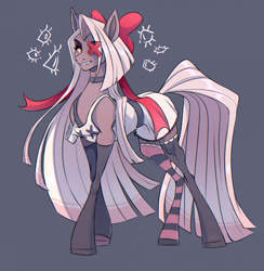 Size: 1250x1280 | Tagged: safe, artist:1an1, derpibooru import, earth pony, pony, bow, choker, clothes, dress, gritted teeth, hair bow, hazbin hotel, one eyed, ponified, socks, solo, stockings, striped socks, teeth, thigh highs, vaggie