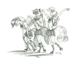 Size: 1400x1077 | Tagged: safe, artist:baron engel, derpibooru import, apple bloom, scootaloo, sweetie belle, anthro, earth pony, pegasus, unguligrade anthro, unicorn, backpack, clothes, cutie mark crusaders, excited, female, filly, foal, grayscale, monochrome, pencil drawing, school uniform, schoolgirl, shoes, skirt, sleepy, socks, traditional art