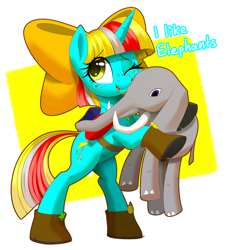Size: 1914x2105 | Tagged: safe, artist:thebatfang, derpibooru import, oc, oc only, oc:terri softmare, elephant, pony, unicorn, 4chan, backpack, bag, bow, fake wings, female, freckles, hair bow, holding, mare, plushie, saddle bag, simple background, solo, text
