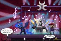 Size: 2732x1858 | Tagged: safe, artist:lordshrekzilla20, derpibooru import, princess luna, alicorn, anthro, demon, hellhound, human, pony, audience, band, bipedal, boots, bracelet, cellphone, choker, clothes, concert, constellation, crossover, dialogue, drum kit, drums, drumsticks, ear piercing, earring, electric guitar, ethereal mane, eyes closed, female, fingerless gloves, gloves, guitar, guitar pick, helluva boss, high res, jewelry, loona (helluva boss), loony luna, luna loud, mare, microphone, music notes, musical instrument, namesake, open mouth, open smile, phone, piercing, playing instrument, pun, rock band, shirt, shoes, shorts, signature, singing, skirt, smiling, speech bubble, spiked choker, spotlight, spread wings, stage, starry mane, stockings, the loud house, thigh highs, trio, trio female, visual pun, wings