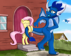 Size: 2048x1623 | Tagged: safe, artist:neondragon, derpibooru import, fluttershy, oc, oc:cobalt the dragon, dragon, pegasus, pony, cute, female, looking back, male, ponytober, ponyville, prehensile tail, shy, smiling, tail, tail hold