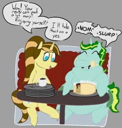 Size: 780x815 | Tagged: safe, artist:cutelyra, derpibooru import, oc, oc only, oc:frosty charmer, oc:java chip, pony, unicorn, bhm, butt, cake, cheesecake, cheesecake frosty, coffee, fat, female, food, large butt, male, mare, obese, stallion