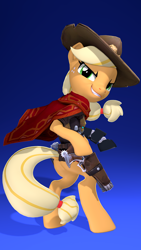 Size: 2160x3840 | Tagged: safe, artist:owlpirate, derpibooru import, applejack, earth pony, pony, 3d, 4k, applebutt, bipedal, butt, clothes, cole cassidy, cowboy hat, female, gradient background, grin, gun, handgun, hat, high res, jesse mccree, looking at you, looking back, looking back at you, mare, overwatch, poncho, revolver, smiling, smiling at you, solo, source filmmaker, weapon