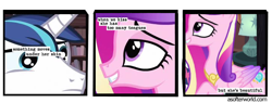 Size: 720x275 | Tagged: safe, edit, edited screencap, screencap, princess cadance, queen chrysalis, shining armor, changeling, unicorn, a canterlot wedding, a softer world, comic, disguised changeling, female, screencap comic, smiling, uneasy