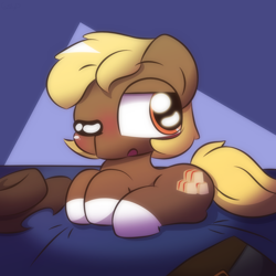 Size: 2000x2000 | Tagged: safe, artist:cushyhoof, oc, oc:acres, earth pony, pony, bag, bed, cowboy hat, cute, earth pony oc, hat, high res, lying down, male, on bed, open mouth, sleepy, solo, stallion