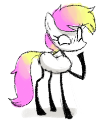 Size: 260x316 | Tagged: safe, artist:plunger, ponerpics import, oc, oc only, pony, blushing, female, hoof over mouth, mare, no mouth, raised hoof, raised leg, simple background, smiling, solo, stickmare, white background