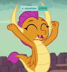 Size: 709x753 | Tagged: safe, derpibooru import, edit, edited screencap, screencap, smolder, dragon, uprooted, 10000, cheering, cropped, cute, derpibooru, derpimilestone, dragoness, eyes closed, female, meta, smolderbetes, solo