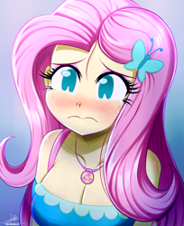 Size: 1270x1560 | Tagged: safe, artist:the-butch-x, derpibooru import, fluttershy, human, equestria girls, equestria girls series, amogus eyes, among us, arms, blushing, breasts, bust, cleavage, clothes, crying, cute, dress, eyelashes, female, frown, geode of fauna, hairpin, hootershy, long hair, magical geodes, makeup, meme, sad, sadorable, shyabetes, solo, teenager