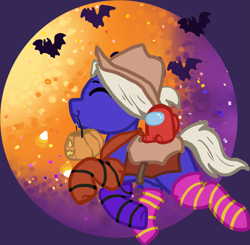 Size: 2103x2059 | Tagged: safe, artist:nootaz, derpibooru import, oc, oc only, oc:mallow malt, bat, bat pony, among us, bandana, bat pony oc, clothes, commission, costume, cowboy hat, halloween, halloween costume, hat, moon, saddle, socks, solo, striped socks, wings, ych result