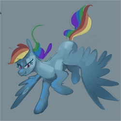 Size: 1490x1490 | Tagged: safe, artist:alumx, derpibooru import, rainbow dash, pegasus, pony, blue background, female, flying, grin, mare, missing cutie mark, simple background, smiling, solo, spread wings, wings