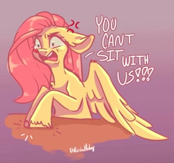 Size: 1611x1508 | Tagged: safe, artist:unfinishedheckery, derpibooru import, fluttershy, pegasus, pony, blushing, digital art, female, flutterbitch, mare, mean girls, open mouth, solo, spread wings, wings