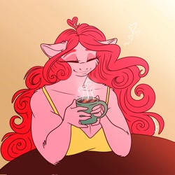 Size: 2048x2048 | Tagged: safe, artist:unfinishedheckery, derpibooru import, pinkie pie, anthro, earth pony, breasts, clothes, coffee, coffee cup, cup, digital art, ears, eyes closed, female, floppy ears, pinkie pies, shirt, solo