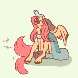 Size: 1080x1080 | Tagged: safe, artist:unfinishedheckery, derpibooru import, fluttershy, anthro, pegasus, unguligrade anthro, behaving like a dog, breasts, clothes, costume, digital art, dog ears, eyes closed, female, flutterdog, muzzle, paw gloves, petting, solo, spread wings, thighs, tongue, tongue out, wings