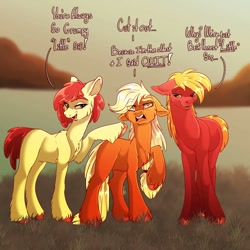 Size: 1080x1080 | Tagged: safe, artist:unfinishedheckery, derpibooru import, apple bloom, applejack, big macintosh, earth pony, pony, apple siblings, apple sisters, applejack is not amused, bedroom eyes, brother and sister, cheek fluff, chest fluff, dialogue, digital art, ears, eye clipping through hair, female, floppy ears, height difference, height envy, jealous, male, mare, missing cutie mark, older, older apple bloom, open mouth, siblings, sisters, stallion, tail, talking, text, trio, unamused, unshorn fetlocks