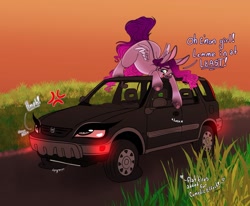 Size: 2048x1691 | Tagged: safe, artist:unfinishedheckery, derpibooru import, oc, oc:belladonna, donkey, hybrid, pegasus, pony, bedroom eyes, car, cross-popping veins, dialogue, digital art, emanata, female, flat tyre, honda, honda cr-v, living object, mare, not pipp petals, solo, tail, talking, text, unamused, wings