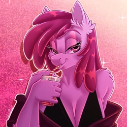 Size: 2255x2255 | Tagged: safe, artist:unfinishedheckery, derpibooru import, berry punch, berryshine, anthro, earth pony, bedroom eyes, breasts, busty berry punch, clothes, digital art, dress, drunk, female, go home you're drunk, looking at you, solo, tail