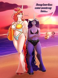 Size: 1536x2048 | Tagged: safe, artist:unfinishedheckery, derpibooru import, princess celestia, princess luna, alicorn, anthro, unguligrade anthro, beach, bedroom eyes, belly button, bikini, breasts, clothes, digital art, duo, duo female, female, horn, princess balloona, princess breastia, size difference, swimsuit, tail, thighs, unamused, wide hips, wings