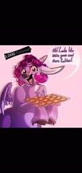 Size: 977x2048 | Tagged: safe, artist:unfinishedheckery, derpibooru import, oc, oc:belladonna, donkey, hybrid, pegasus, pony, cookie, digital art, female, food, looking at you, open mouth, solo, spread wings, tail, talking to viewer, wings