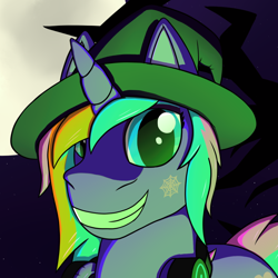 Size: 1000x1000 | Tagged: safe, artist:passionpanther, derpibooru import, unicorn, clothes, costume, halloween, halloween costume, hat, holiday, icon, moon, solo, spooky, witch, witch hat