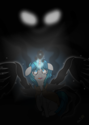 Size: 2158x3020 | Tagged: safe, artist:itsnatcherx, derpibooru import, pony of shadows, stygian, pony, unicorn, cloak, clothes, darkness, glowing, glowing eyes, male, stallion, teary eyes