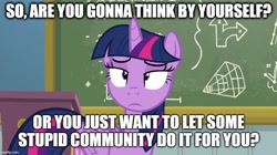 Size: 888x499 | Tagged: safe, derpibooru import, edit, edited screencap, screencap, twilight sparkle, twilight sparkle (alicorn), alicorn, pony, top bolt, caption, chalkboard, image macro, solo, text, unamused