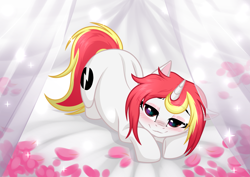 Size: 3465x2454 | Tagged: safe, derpibooru import, oc, oc:lazy sunday, pony, unicorn, blushing, curtains, cute, female, petals, solo