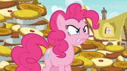 Size: 1920x1080 | Tagged: safe, derpibooru import, screencap, pinkie pie, earth pony, pony, season 7, secrets and pies, 1080p, angry, female, food, gritted teeth, implied rainbow dash, lip bite, mare, pie, reaction image, solo, teeth