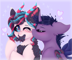 Size: 2400x2000 | Tagged: safe, artist:saltyvity, derpibooru import, oc, oc only, monster pony, original species, pony, spider, spiderpony, unicorn, black hair, blue background, blue eyes, blue hair, blushing, cute, ear fluff, ears, fluffy, heart, horn, horns, simple background, sparkles, white body