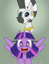 Size: 1500x1940 | Tagged: safe, alternate version, artist:happy harvey, derpibooru import, twilight sparkle, twilight sparkle (alicorn), zecora, alicorn, pony, zebra, cute, dork, drawn on phone, drawthread, ear piercing, earring, excited, female, grin, happy, horn, jewelry, mare, neck rings, necklace, open mouth, piercing, racial slur, slur, smiling, spread wings, starry eyes, uvula, wingding eyes, wings