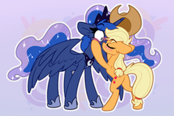 Size: 3000x2000 | Tagged: safe, artist:nekro-led, derpibooru import, applejack, princess luna, alicorn, earth pony, bipedal, blushing, cowboy hat, cute, ears back, eyes closed, female, hairband, hat, kissing, lesbian, lunajack, scrunchy face, shipping, spread wings, surprised, wings