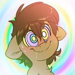 Size: 2000x2000 | Tagged: safe, artist:fluffyxai, derpibooru import, oc, oc only, oc:spirit wind, earth pony, abstract background, chest fluff, drool, drool on mouth, fetish, freckles, hypnosis, hypnosis fetish, hypnotized, male, solo, stallion, sweat, sweatdrop