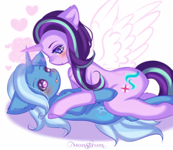 Size: 2964x2576 | Tagged: safe, artist:monstrum, derpibooru import, starlight glimmer, trixie, pony, unicorn, cute, female, heart, hug, lesbian, magic, shipping, startrix