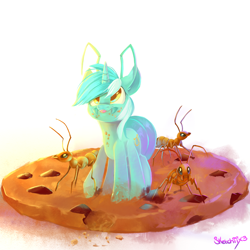 Size: 1280x1280 | Tagged: safe, artist:sketchiix3, derpibooru import, lyra heartstrings, insect, pony, unicorn, ant, cookie, food, micro, solo, species swap